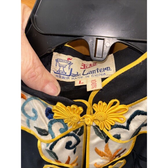 Jade Lantern Kimono Vintage Chinese Black Silk Robe Floral Embroidered L  Duster - Picture 3 of 10